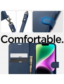 Spigen Wallet S Leather Flip Wallet for iPhone 14 Blue