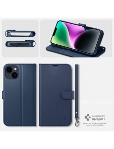 Spigen Wallet S Leather Flip Wallet for iPhone 14 Blue