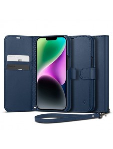Spigen Wallet S Leather Flip Wallet for iPhone 14 Blue