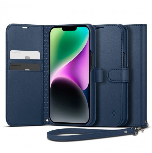 Spigen Wallet S Leather Flip Wallet for iPhone 14 Blue