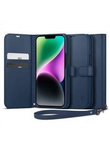Spigen Wallet S Leather Flip Wallet for iPhone 14 Blue