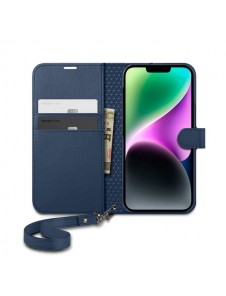 Spigen Wallet S Leather Flip Wallet for iPhone 14 Blue