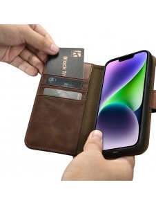 iCarer Oil Wax Wallet Case 2in1 Case iPhone 14 Leather Flip Cover Anti-RFID Brown