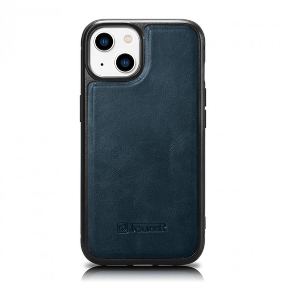 iCarer Leather Oil Wax case covered with natural leather for iPhone 14 blue