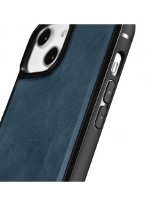 iCarer Leather Oil Wax case covered with natural leather for iPhone 14 blue