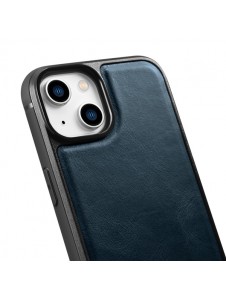 iCarer Leather Oil Wax case covered with natural leather for iPhone 14 blue
