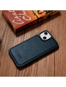 iCarer Leather Oil Wax case covered with natural leather for iPhone 14 blue