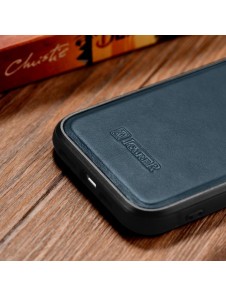 iCarer Leather Oil Wax case covered with natural leather for iPhone 14 blue