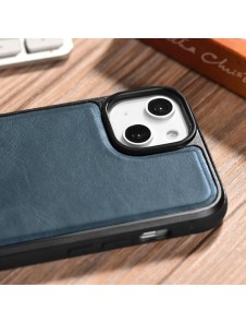 iCarer Leather Oil Wax case covered with natural leather for iPhone 14 blue