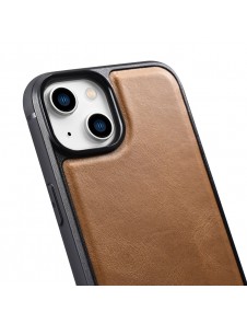 iCarer Leather Oil Wax case covered with natural leather for iPhone 14 brown