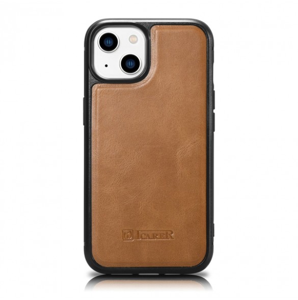 iCarer Leather Oil Wax case covered with natural leather for iPhone 14 brown