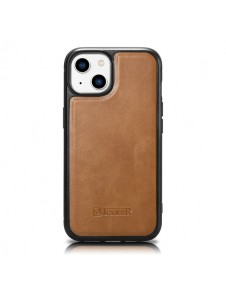 iCarer Leather Oil Wax case covered with natural leather for iPhone 14 brown