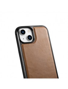 iCarer Leather Oil Wax case covered with natural leather for iPhone 14 brown