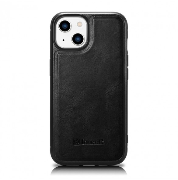 iCarer Leather Oil Wax Genuine Leather Case for iPhone 14 (MagSafe Compatible) Black