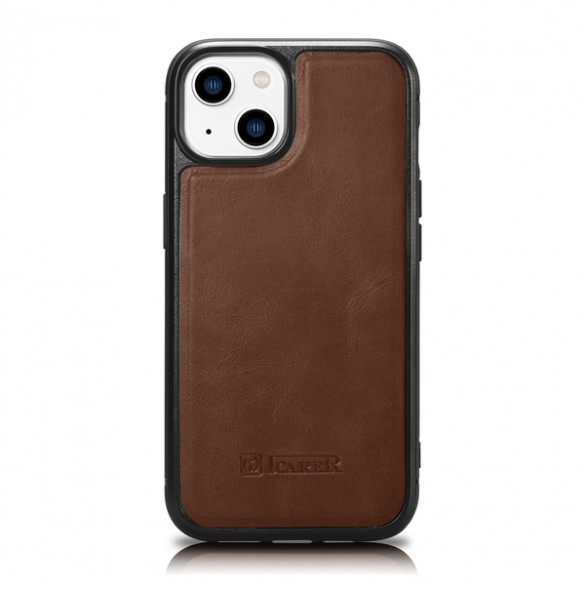 iCarer Leather Oil Wax case covered with natural leather for iPhone 14 brown