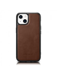 iCarer Leather Oil Wax case covered with natural leather for iPhone 14 brown