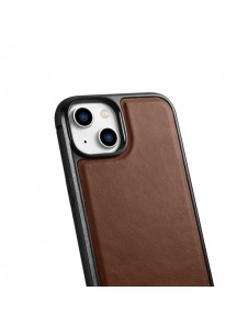 iCarer Leather Oil Wax case covered with natural leather for iPhone 14 brown