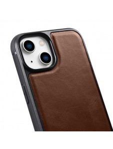 iCarer Leather Oil Wax case covered with natural leather for iPhone 14 brown