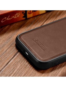 iCarer Leather Oil Wax case covered with natural leather for iPhone 14 brown