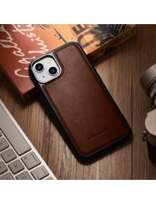 iCarer Leather Oil Wax case covered with natural leather for iPhone 14 brown