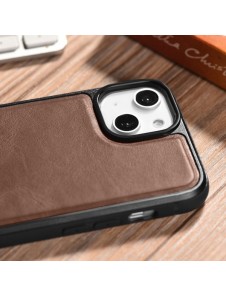 iCarer Leather Oil Wax case covered with natural leather for iPhone 14 brown