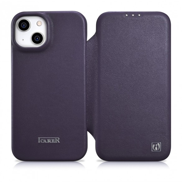 iCarer CE Premium Leather Folio Case iPhone 14 Magnetic Flip Leather Folio Case MagSafe Dark Purple