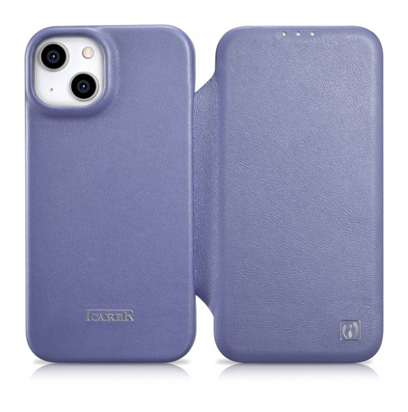 iCarer CE Premium Leather Folio Case iPhone 14 Magnetic Flip Leather Folio Case MagSafe Light Purple