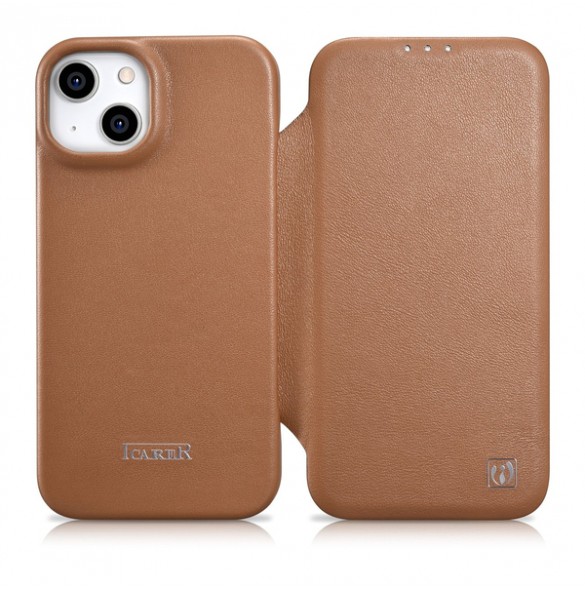 iCarer CE Premium Leather Folio Case iPhone 14 magnetic flip case MagSafe brown