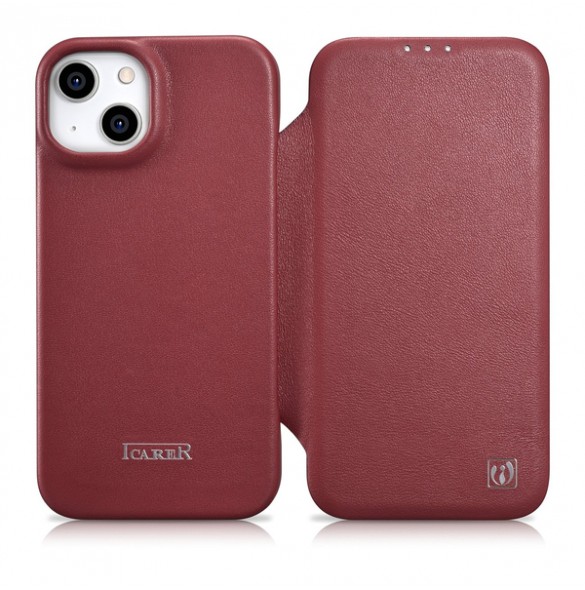 iCarer CE Premium Leather Folio Case iPhone 14 magnetic flip case MagSafe red