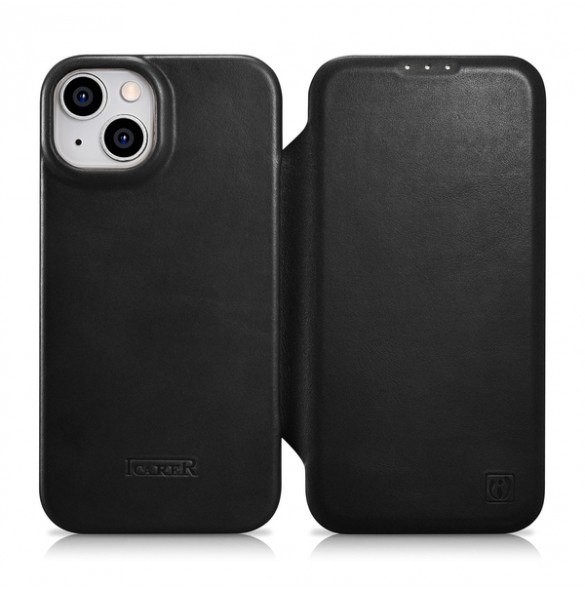 iCarer CE Oil Wax Premium Leather Folio Case iPhone 14 magnetic flip case MagSafe black