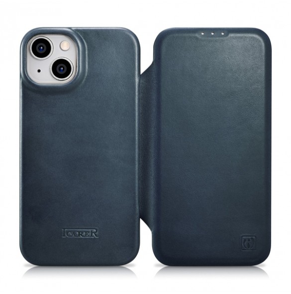 iCarer CE Oil Wax Premium Leather Folio Case iPhone 14 magnetic flip case MagSafe blue