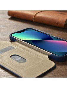 iCarer CE Oil Wax Premium Leather Folio Case iPhone 14 magnetic flip case MagSafe blue