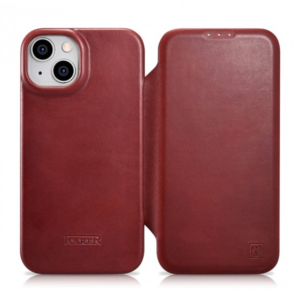 iCarer CE Oil Wax Premium Leather Folio Case iPhone 14 magnetic flip case MagSafe red