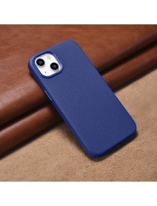 iCarer Litchi Premium Leather Case iPhone 14 Magnetic Leather Case with MagSafe Dark Blue