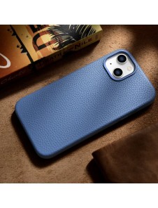 iCarer Litchi Premium Leather Case iPhone 14 Magnetic Leather Case with MagSafe Light Blue
