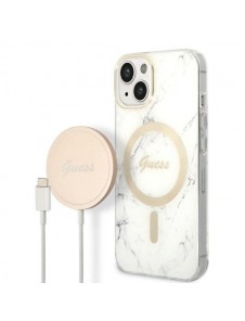 Set Guess Case+ Charger iPhone 14 6.1" white/white hard case Marble MagSafe