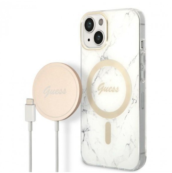 Set Guess Case+ Charger iPhone 14 6.1" white/white hard case Marble MagSafe