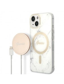 Set Guess Case+ Charger iPhone 14 6.1" white/white hard case Marble MagSafe