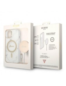 Set Guess Case+ Charger iPhone 14 6.1" white/white hard case Marble MagSafe