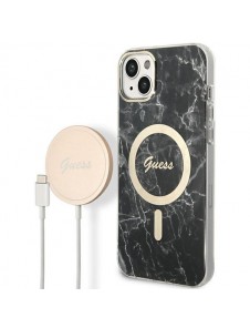 Set Guess GUBPP14SHMEACSK Case+ Charger iPhone 14 6.1" black/black hard case Marble MagSafe