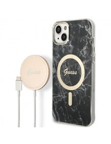 Set Guess GUBPP14SHMEACSK Case+ Charger iPhone 14 6.1" black/black hard case Marble MagSafe