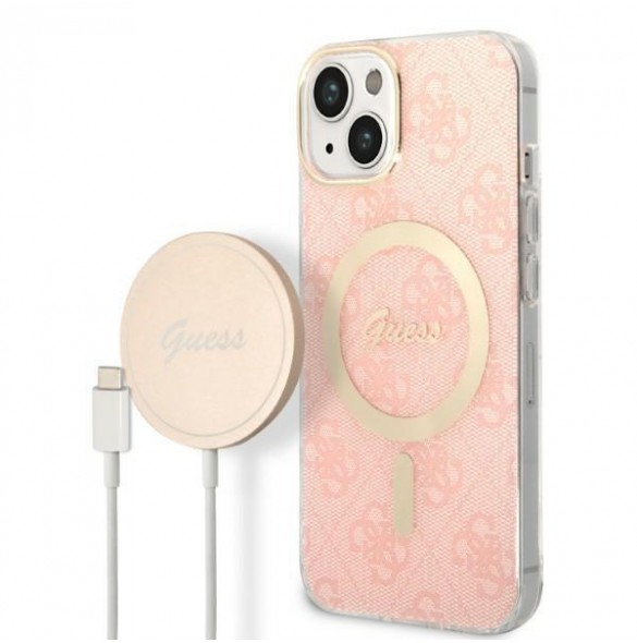 Set Guess Case+ Charger iPhone 14 6.1" pink/pink hard case 4G Print MagSafe