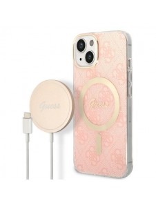 Set Guess Case+ Charger iPhone 14 6.1" pink/pink hard case 4G Print MagSafe