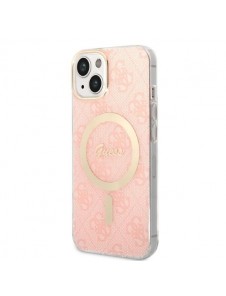Set Guess Case+ Charger iPhone 14 6.1" pink/pink hard case 4G Print MagSafe
