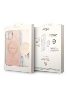 Set Guess Case+ Charger iPhone 14 6.1" pink/pink hard case 4G Print MagSafe