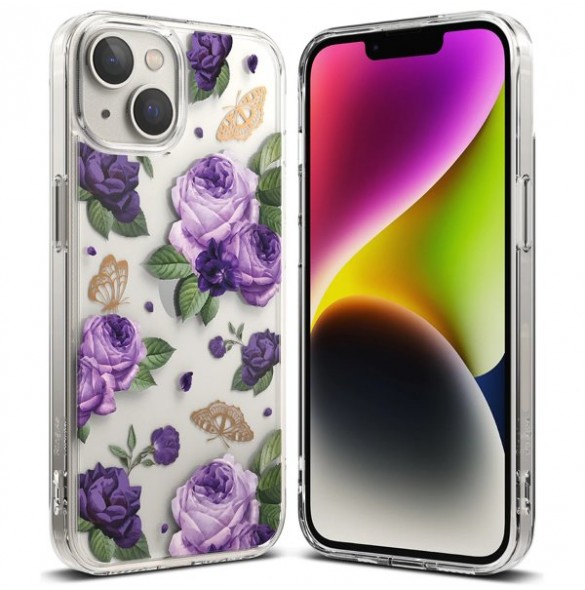 Ringke Fusion Design Armor Case Cover with Gel Frame for iPhone 14 transparent (Purple rose)