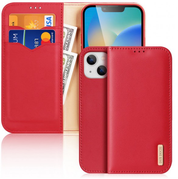 Dux Ducis Hivo Leather Flip Cover Genuine Leather Wallet for Cards and Documents iPhone 14 Red