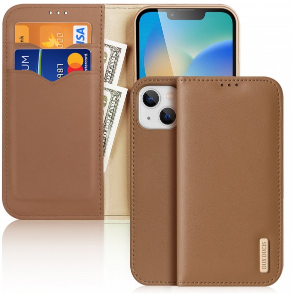 Dux Ducis Hivo Leather Flip Cover Genuine Leather Wallet for Cards and Documents iPhone 14 Brown