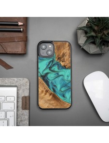 Wood and resin case for iPhone 15 Plus Bewood Unique Turquoise - turquoise and black