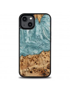 Wood and resin case for iPhone 15 Plus Bewood Unique Uranus - blue and white